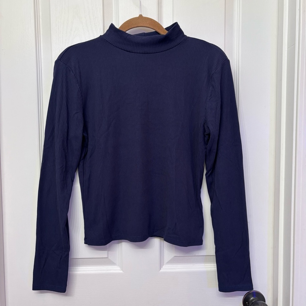 Navy Ribbed Mock Neck Top | YMI Size L